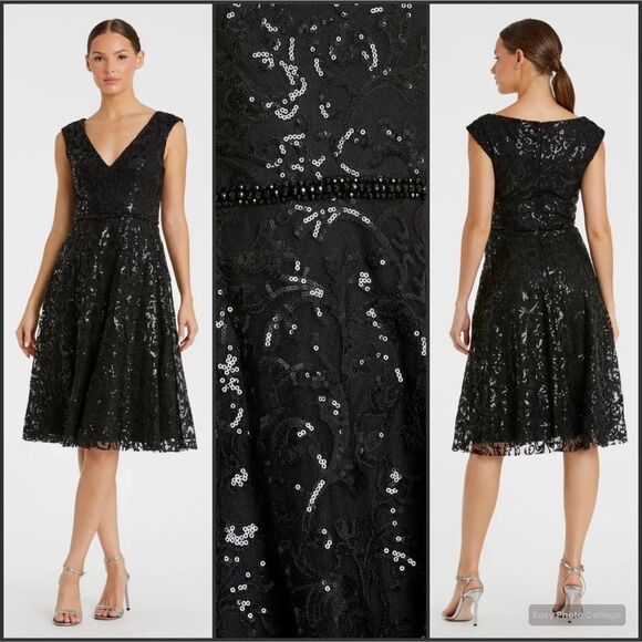 NWT Mac DuggalSequin Cap Sleeve V Neck Dress Black
